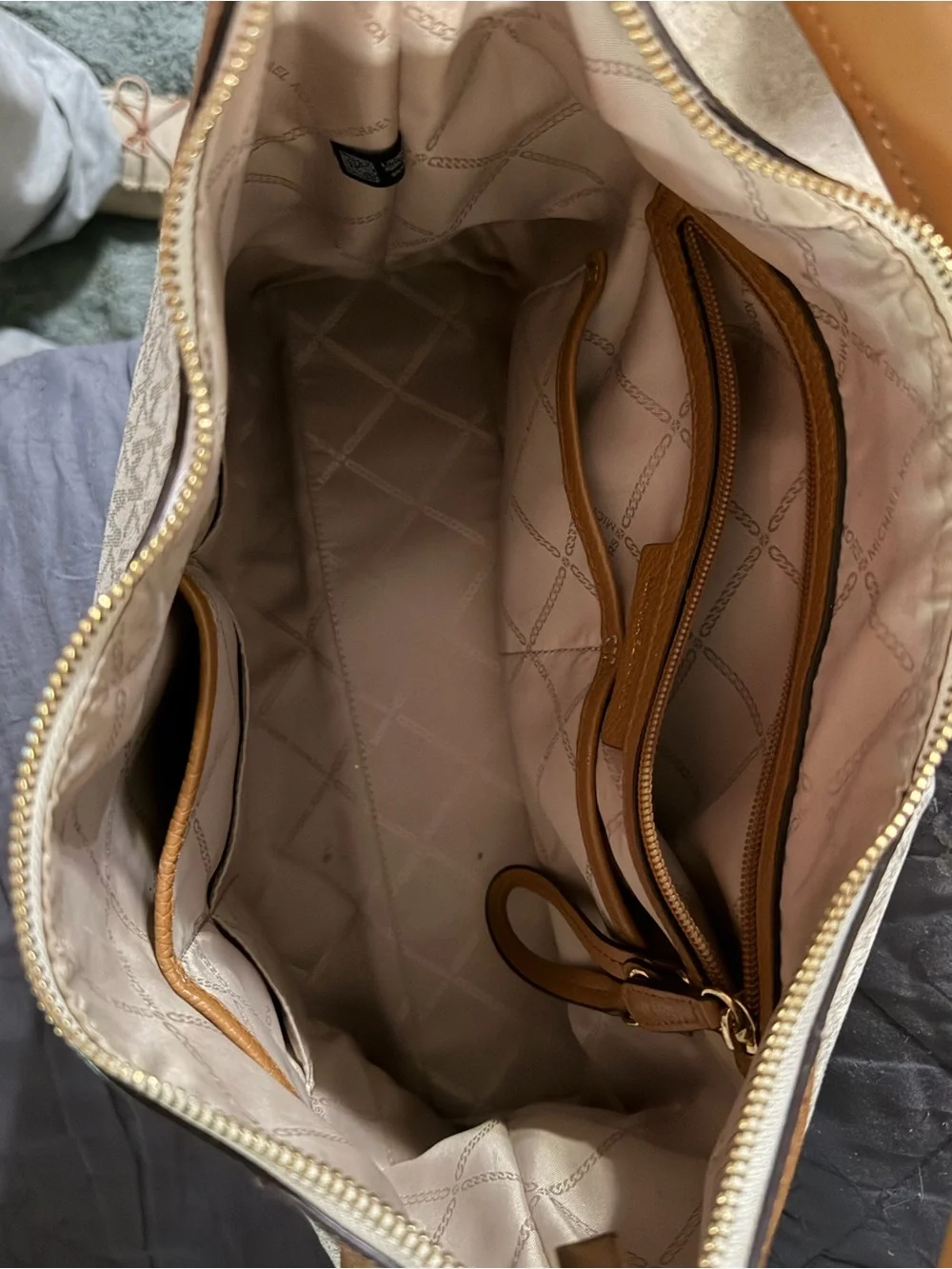 Michael Kors Cream Logo Jacquard & Tan Leather Shoulder Hobo